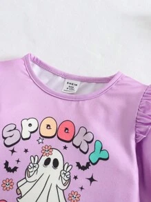 2pcs Halloween Baby Girl Cute Vacation Colorful English Flare Sleeve Round Neck Long Sleeve Purple T-Shirt Top Paired With Bell-Bottom Pants Set, Lively Holiday Outfit