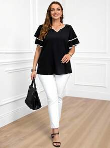 Miaspire Plus Size Solid Color Patchwork Short Sleeve Hollow Simple Casual Shirt,Suitable For Summer,Country Clothes Women,Summer Outfits For Women,Western Wear Women Tunic Top