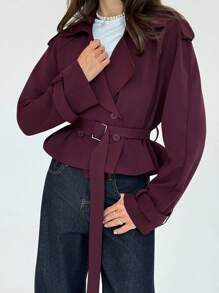 Aloruh 女士休闲通勤纯色双排扣风衣秋季女装秋季所有女装秋季女装秋季女装秋冬女装冬季女装冬季外套女返校节学校老师栗色短款风衣外套超短款气质显瘦深秋女神显瘦酒红色西装外套