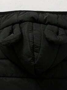 SHEIN Baby Boy Cotton Padded Vest With Hood And Ear Design, Black Color, Casual Style For Outings, Home Leisure, And Party Occasions, Suitable For Winter Hooded Baby Vest Baby Boy Winter Vest Toddler Vest Baby Boy Vest Baby Vest With Hood Black Baby Vest Baby Bear Vest Fall - Black - View 7