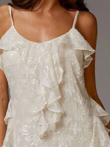 Athîral Women's Elegant Solid Color Textured Ruffle Hem Sleeveless Midi Dress, Summer White Dress Ruffle Dress Organza Dress White Silk Dress Floral Dress - Apricot - View 1