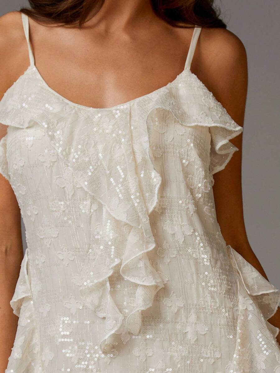 Athîral Women's Elegant Solid Color Textured Ruffle Hem Sleeveless Midi Dress, Summer White Dress Ruffle Dress Organza Dress White Silk Dress Floral Dress - Apricot - View 1