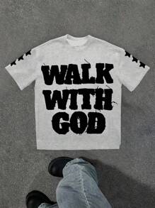 Slaydiva God Casual 字母图案圆领短袖宽松T恤女，适合夏季 - 灰色 - 查看 1