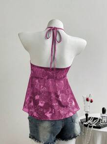 Franclia 女士时尚印花露肩抹胸 - 玫紅色 - 查看 2