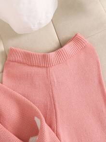 SHEIN 青少年女孩休闲粉色蝴蝶结提花宽松套头衫和喇叭裤套装，适合秋冬季居家、户外和学校穿着 - 藕粉色 - 查看 5