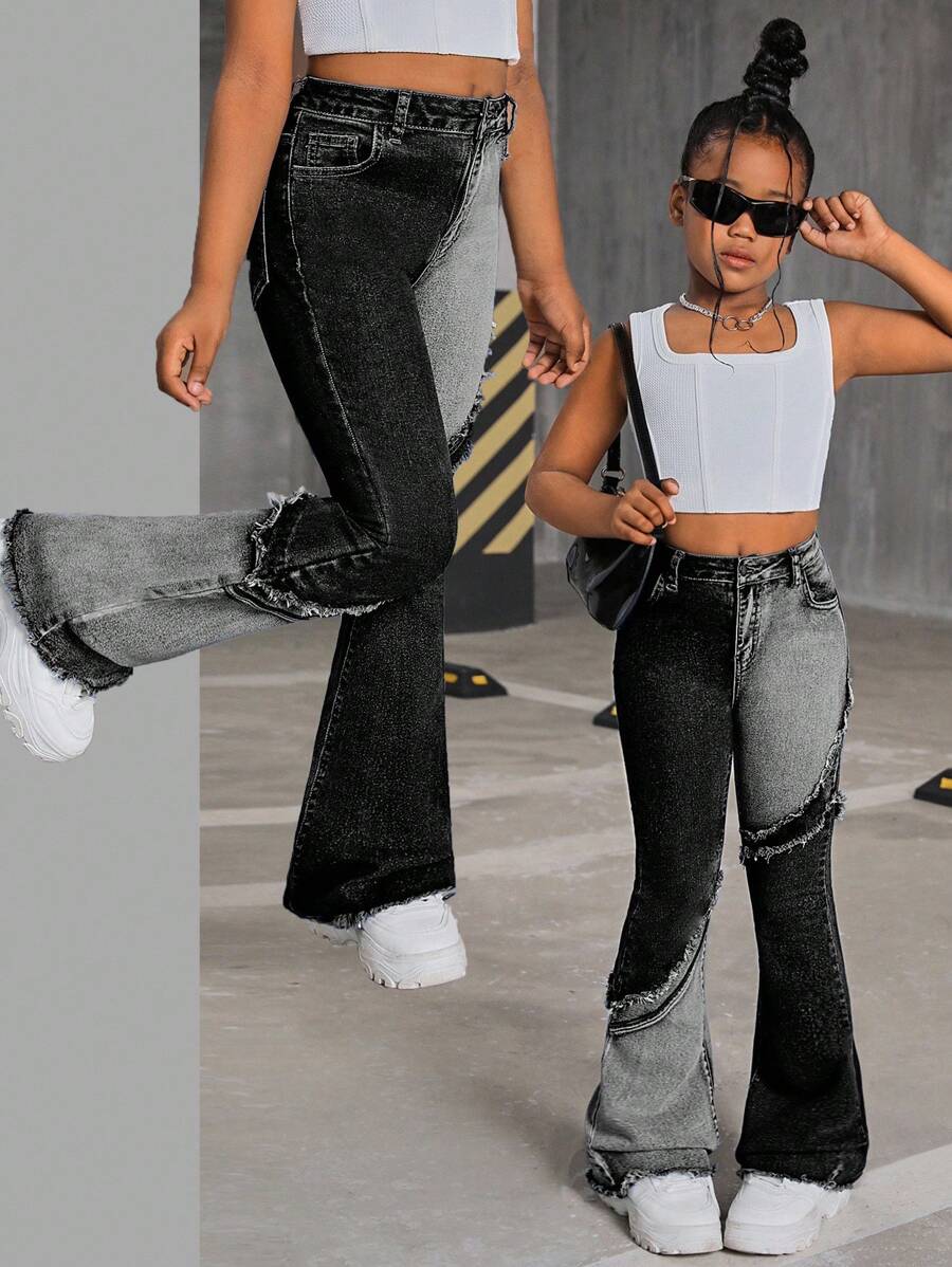 SHEIN Quần dài denim túi cài nút phía trước đơn giản cho bé gái tuổi mới lớn - màu đen - Xem 1