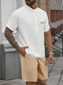 Manfinity Homme Men's Plus Size Summer Solid Color Single Breasted Short Sleeve Shirt And Drawstring Waist Shorts Set Men's Two Pieces Summer Men's Two Pieces Casual Shorts Set Men's Casual Shorts Set Men's Resortwear - Multicolor - View 4