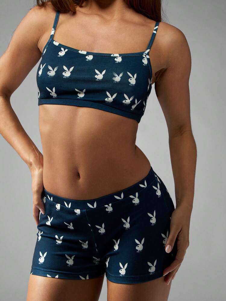 Missguided x Playboy Navy Tank Top And Shorts With Bunny Print
