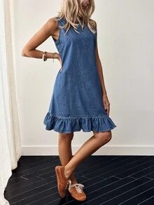 EMERY ROSE Button Back Ruffle Hem Denim Dress