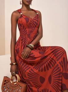 Zivah 2025 春夏新款音乐节、复活节、圣帕特里克节、西部风、游牧风、生日派对、毕业典礼、学院风、学生装、日常休闲、基础百搭、休闲、邮轮旅行、海滩、日光浴、网络热卖、街头服饰、婚礼宾客波西米亚风、通勤、早午餐、机场、细肩带 V 领无袖木质纽扣装饰褶饰腰部 Y2K 复古做旧假日印花长裙 - 彩色 - 查看 7