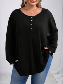 SHEIN CURVE+ Áo thun nữ tay dài cài nút phía trước màu đen, trang phục thường ngày/Mùa thu/Mùa đông - màu đen - Xem 6