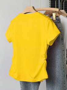 INAWLY 大码女式休闲纯色修身短袖T恤黄色上衣 - 黃色 - 查看 2
