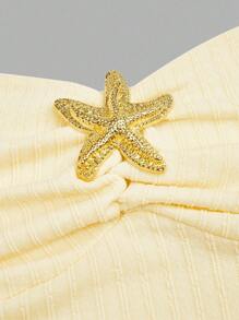 Sweetra 优雅露肩紧身露背复古性感海星金属装饰细肩带紧身连衣裙，女式夏季新款腰部褶皱修身蛋糕裙短款无袖迷你连衣裙 - 黃色 - 查看 3