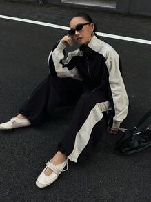 DAZY 女士秋季撞色拼接外套和裤子两件套，秋季女装家居服套装 - 黑色 - 查看 8