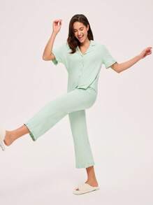 LUVLETTE 女士透气棉质薄荷清新短袖纽扣上衣和裤子，轻盈舒适，家居服可爱睡衣套装，裤子带口袋，浪漫居家休闲舒适，也适合青少年女孩、年轻女孩和儿童，春夏皆宜。 - 綠色 - 查看 7