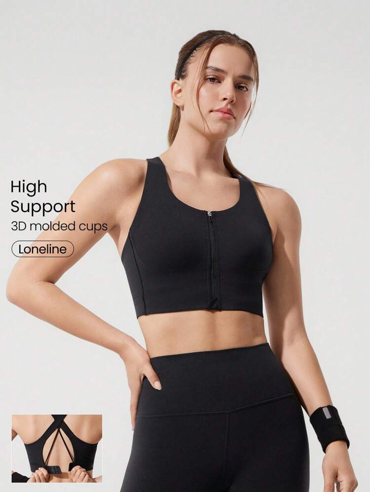 Sujetador deportivo de alto impacto con tela transpirable y de alta compresión, copas con espuma moldeada, espalda con múltiples tirantes cruzados y cuello en U, ideal para correr, trotar, entrenar y hacer ejercicio