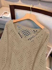 GlowEve CURVE Plus Size Women's Hollow Out 3/4 Sleeve Knitted Sweater Winter Fall Autumn - Khaki - View 3