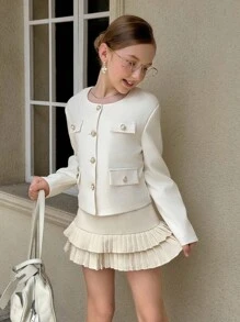 SHEIN Tween Girl Short Round Neck Long Sleeve White Jacket, Suitable For Daily Commute Fall Winter