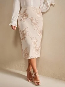 Anewsta Váy thêu hoa cao cấp thanh lịch cỡ lớn - Màu be - Xem 5