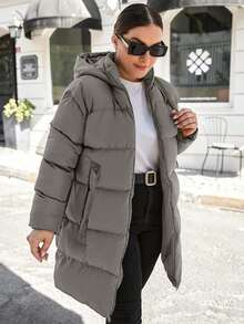 EURMUSE 大码女式纯色长袖拉链连帽休闲冬季夹克 - 深灰色 - 查看 5