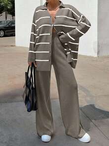 EURMUSE Women Striped Sweater Cardigan And Pant Set,Co Ord,Winter Clothes - Mocha Brown - View 3