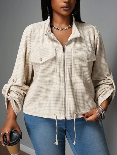 Slaydiva Hàng mới về đầu thu, kiểu dáng giản dị và thanh lịch, màu mơ trơn, tay dài với túi tiện dụng, gấu áo có dây rút, áo khoác ngắn cỡ lớn dành cho nữ mùa đông thu.