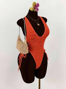 Amplova 深V领露背交叉蝴蝶结纹理紧身衣