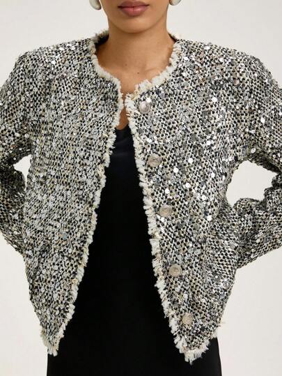 GENKIRA 粗花呢面料亮片刺绣流苏边优雅短款女式西装外套