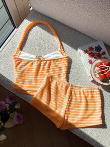 Comfortcana Bộ áo yếm xếp nếp in họa tiết sọc và quần short siêu ngắn phong cách nghỉ mát mùa hè cho nữ - trái cam - Xem 2