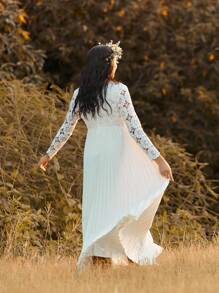 SHEIN Autumn And Winter BOHO Pregnant Women's Contrast Lace Long Sleeve Elegant Dress - White - View 2