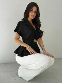 Firerie Women's Casual/Office Linen Ruched Waist Short Sleeve Shirt With Metal Button, Navy Blue,Elegant Women's Blouses - Black - View 6