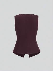 Sweetra Women's Summer Versatile Gold Button Sleeveless Top & Draping Wide Leg Pants - Burgundy - View 4