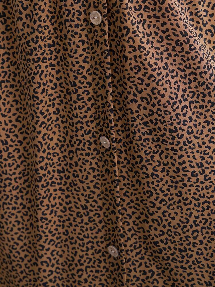 Comfylo Summer Plus Size Women's Small Leopard Print Long Skirt With Center Front Button Decoration,Summer Brown Skirt Fall Winter Office - Multicolor - View 8