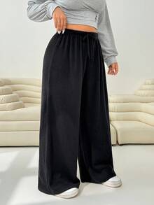 Solflare Plus Size Women's Casual Solid Color Wide Leg Pants, Autumn/Winter,Fall,Warm