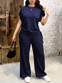 EMERY ROSE 2pcs Navy Blue Solid Color Plus Size Women Casual Set, Suitable For Summer - Navy Blue - View 5