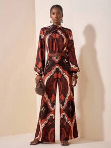 Zivah 2025 夏季新款音乐节、复活节、母亲节、婚礼季、出席婚礼、生日派对、日常穿着、百搭百搭、休闲、度假、邮轮旅行、海滩、日光浴、病毒式传播、街头服饰、优雅、通勤交叉领灯笼袖阔腿裤、对称复古印花女式连体裤 - A - 彩色 - 查看 3