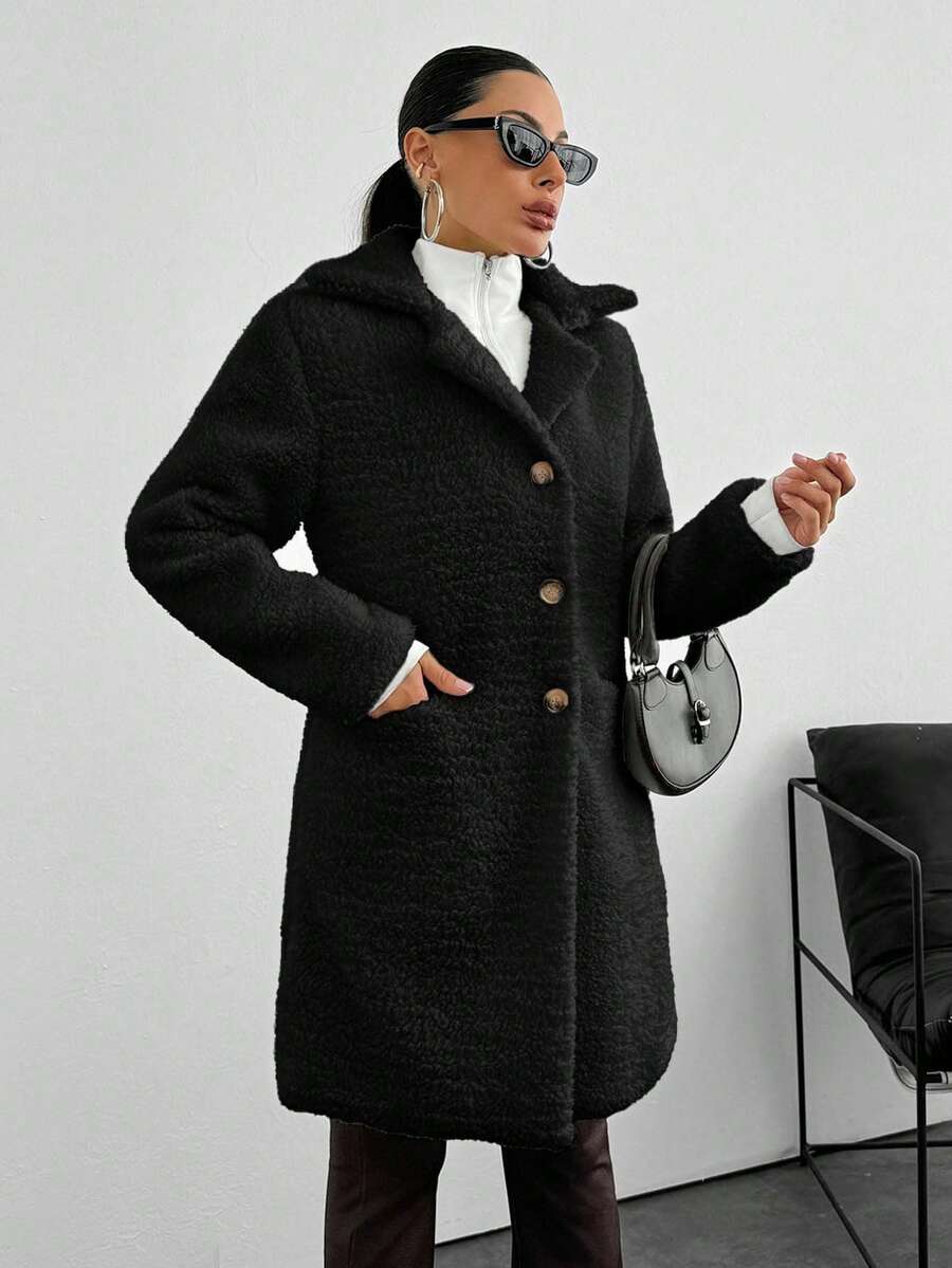 EURMUSE Women Warm Fabric Pocket Elegant Overcoat - Black - View 1