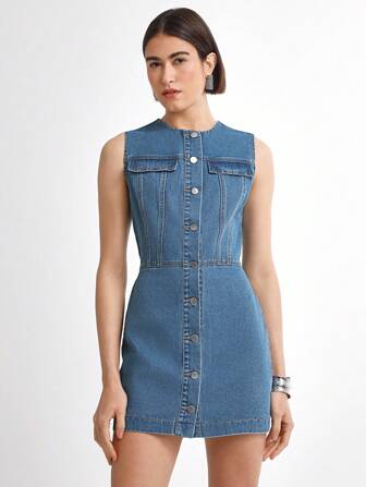 Daynim Vestido vaquero casual de mujer de cuello redondo y sin mangas con abotonadura sencilla