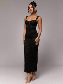 Silquee Váy dài ren co giãn màu đen gợi cảm thanh lịch ngọt ngào lãng mạn dây rộng cho nữ, thích hợp cho tiệc cocktail, hẹn hò lãng mạn, váy nhiều lớp, tiệc tùng, tụ họp trang trọng, đi chơi đêm, váy dự tiệc cưới, váy phù dâu, váy Halloween, váy Giáng sinh, váy Valentine, váy đi nghỉ, mùa xuân và đầu hè - màu đen - Xem 6