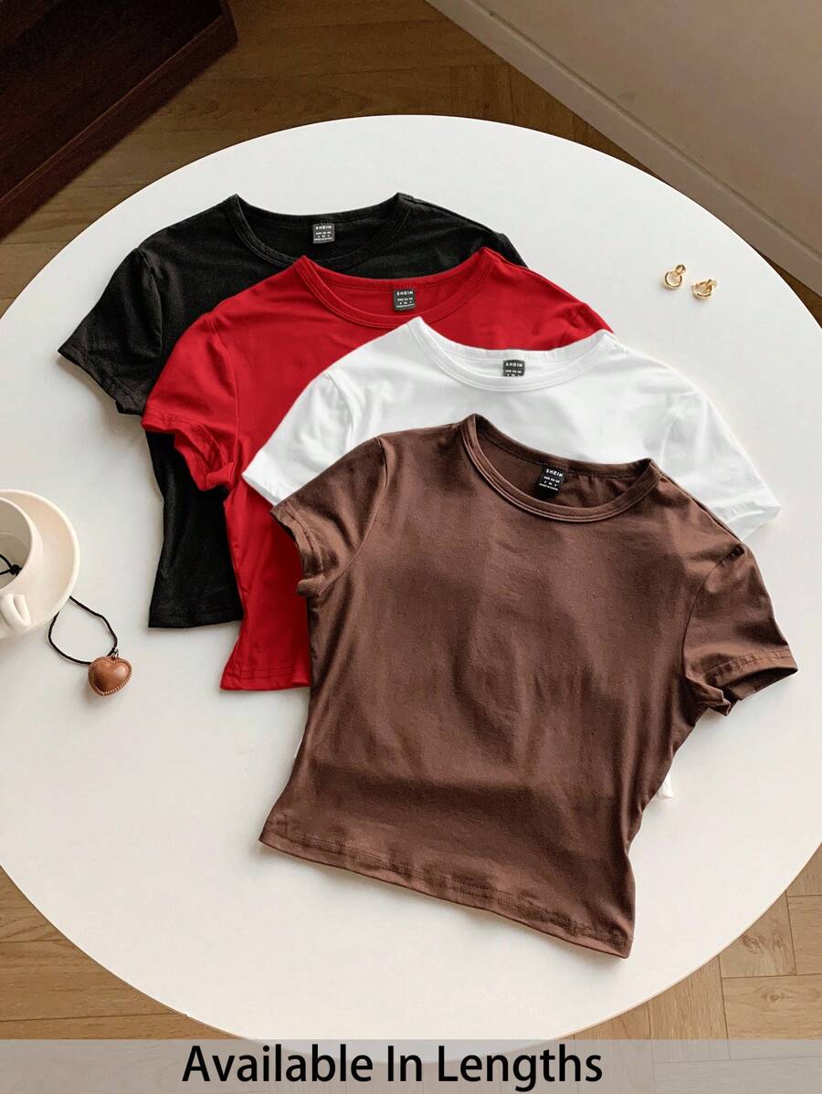 SHEIN Tall CURVE 4 件大码休闲纯色短款圆领短袖修身女式 T 恤，适合夏季 - 彩色 - 查看 1