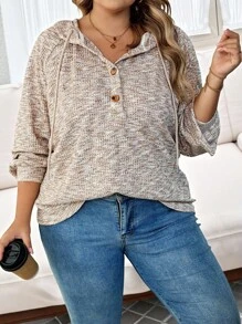 SHEIN CURVE+ Curve Plus Size/Autumn/Autumn Women's Wear/Winter Women's Wear/Winter Wear Curve Plus Size Women's Button Half Grid Hooded Waffle Knitted Sports Shirt, Autumn Casual Top Plus Size 8XL Women's 6XL Plus Women's Wear Curve Plus Top Women, Winter, Curve Plus Fall/Autumn /Winter