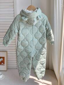 SHEIN Zielony, teksturowany, termiczny, podszyty, swobodny, w stylu vintage, chłopięcy kombinezon typu "wszystko w jednym", z kapturem i długim rękawem, odpowiedni do zabawy na śniegu, na jesień/zimę