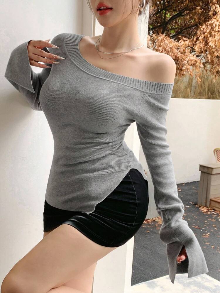 Women's Solid Color Oblique Shoulder Long Sleeve Fitted Casual Pullover Sweater,Fall Women Clothes Off The Shoulder