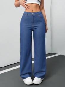 SHEIN Tall CURVE Pantalones vaqueros anchos de pierna ancha de talla grande de color azul oscuro sueltos para mujeres, para el trabajo, el aeropuerto, las vacaciones, el club, de cintura alta, vintage, con control de barriga, de talla grande y de pierna ancha