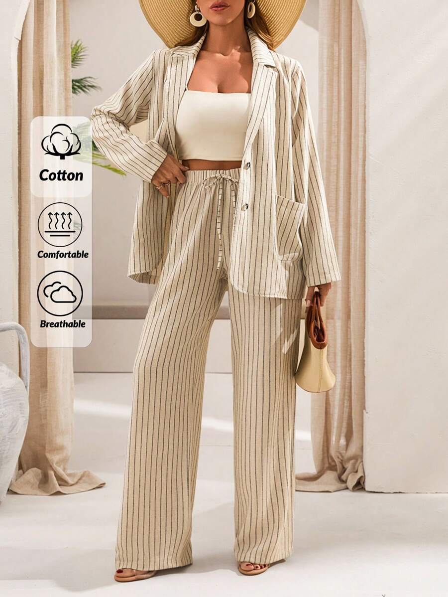 EURMUSE Beige Striped Linen Co-Ord Set With Oversized Blazer And Slim-Fit Pants Women S Outfit Women Club Outfits Women S Summer Clothes Women Pants Wide Leg Women S Clothes Women S Outfits  Spring Outfits For Women Women S Sets - White - View 1
