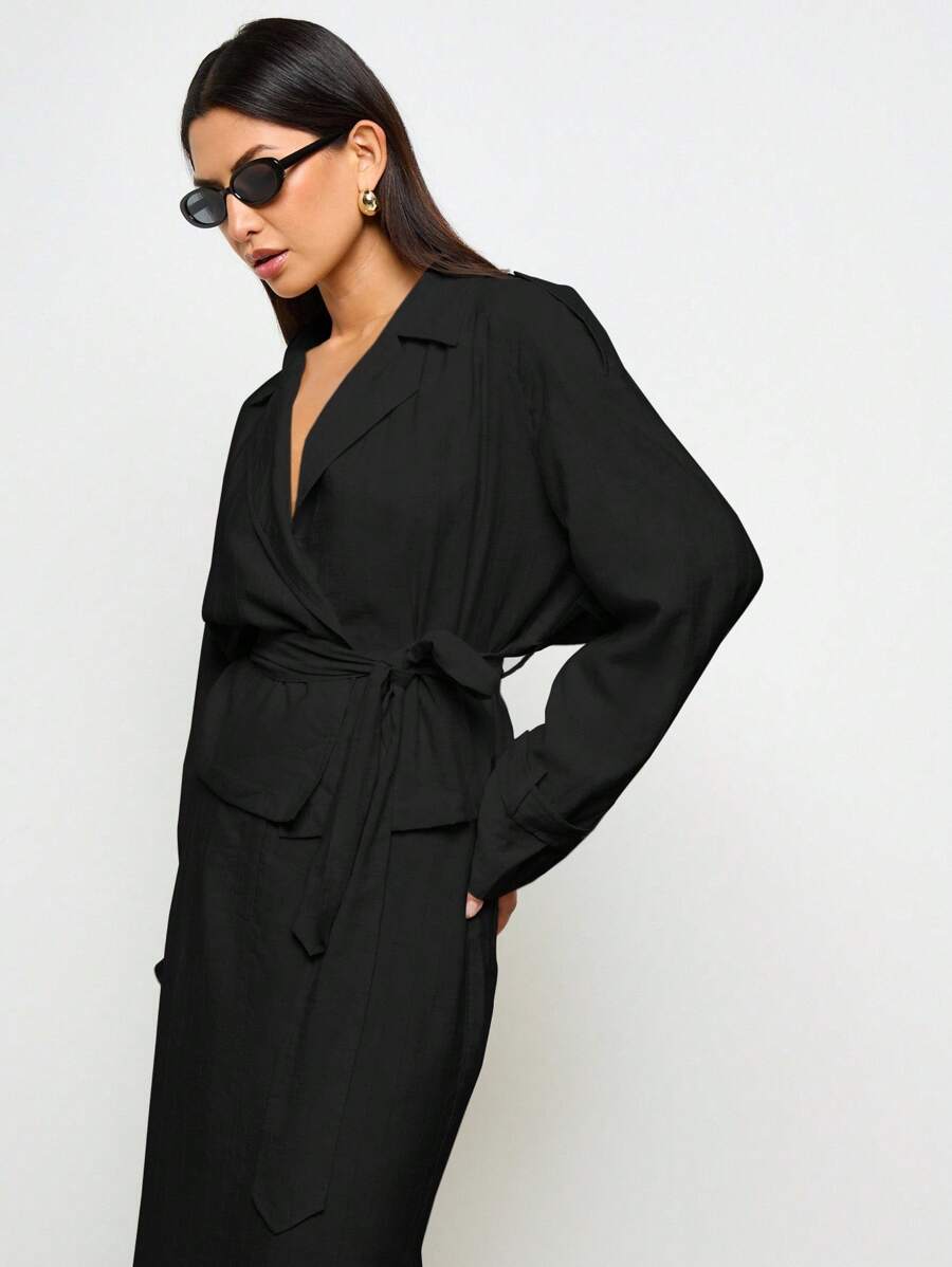 AiiRZ Lightweight Linen Blend Cropped Trench Jacket Wrap Front With Belt Adjustable Sleeves Professional Office Wear Spring Autumn Outerwear - Black - View 1