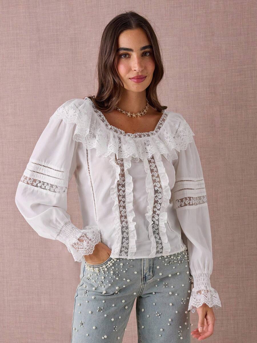 Enchnt 女士优雅纯色蕾丝边衬衫