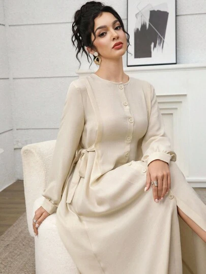 Al Najma 春夏休闲纯色灯笼袖前扣阿拉伯长裙，全长端庄优雅，适合日常休闲/工作/度假/晚会/婚礼宾客