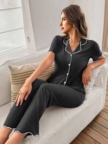SHEIN 休闲宽松超大柔软垂坠轻盈夏季针织深灰色荷叶边短袖女式连体裤 - 深灰色 - 查看 6