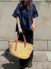 FRIFUL 女式牛仔荷叶边领蝙蝠袖不对称下摆宽松休闲百搭衬衫，适合度假和休闲 - 藍色 - 查看 4